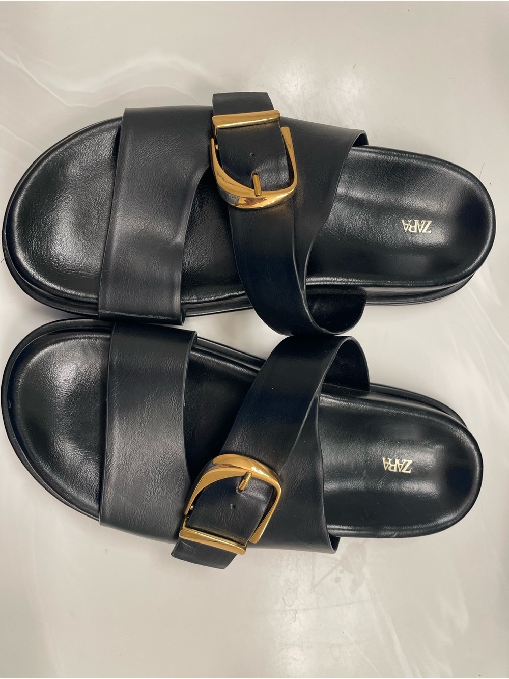 ZARA Black Leather Slide Sandals with Gold Buckle Detail